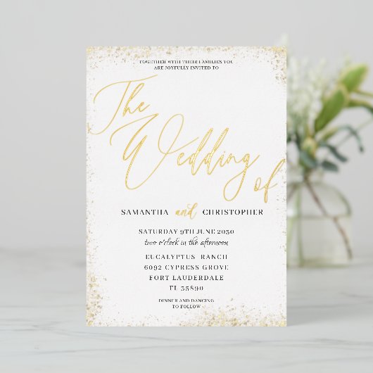 Elegant goudkalligrafie Het huwelijk van Folie Uitnodiging (Staand Voorkant)