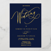 Elegant goudmarinemalkalligrafiet folie uitnodiging (Voorkant)