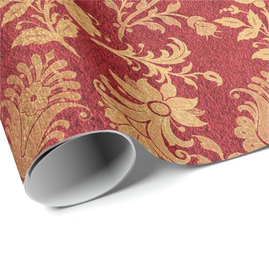 Elegant goudrood royal damask floral cadeaupapier (Rol Hoek)
