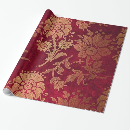 Elegant goudrood royal damask floral cadeaupapier (Uitgerold)