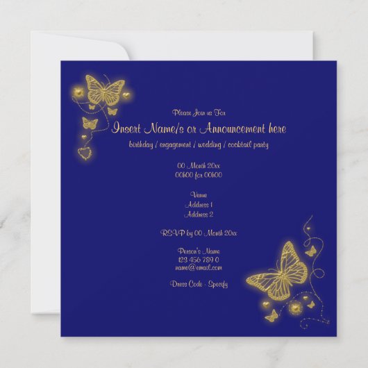 Elegant goudvlinder blauwe royal kaart (Achterkant)