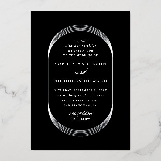 Elegant goudzilver zwarte moderne geometrische bru folie uitnodiging (Voorkant)