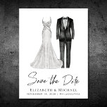 Elegant Gown Tuxedo Waterverf Aankondigingskaart<br><div class="desc">Elegant en chic geen foto sparen het briefkaart van de datumaankondiging dat waterverven van een bruidsjurk en groom tuxedo en "sparen de Datum"in een stijlvol manuscript bevat. Voeg je namen, trouwdatum en locatie toe in moderne typografie. Voor de achterkant, personaliseer uw sparen de datumaankondiging meer in detail en voeg uw...</div>