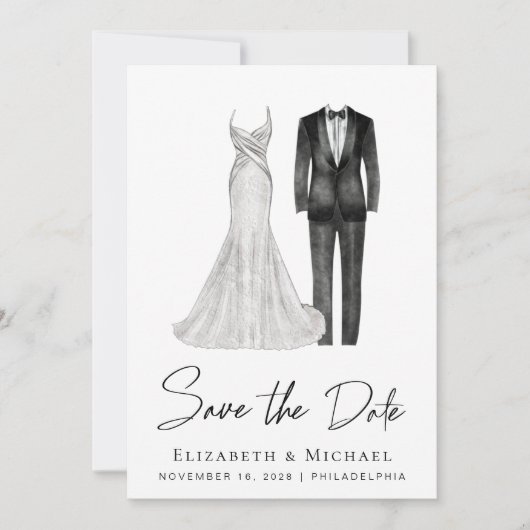 Elegant Gown Tuxedo Waterverf Save The Date (Voorkant)