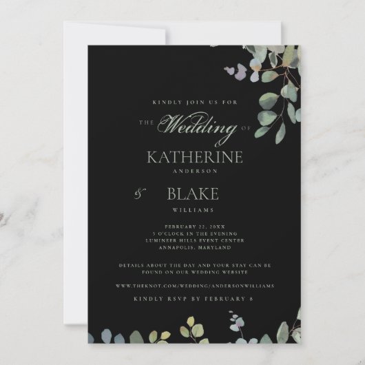 Elegant Grace Black Eucalyptus Website Weddenschap Kaart (Voorkant)