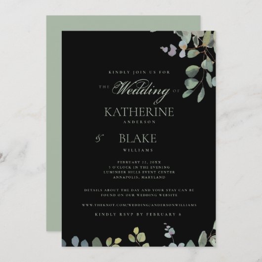 Elegant Grace Black Eucalyptus Website Weddenschap Kaart (Voorkant / Achterkant)
