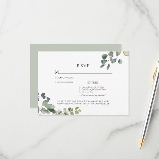 Elegant Grace Eucalyptus Sage Wedding RSVP Kaart (Voorkant / Achterkant in situ)