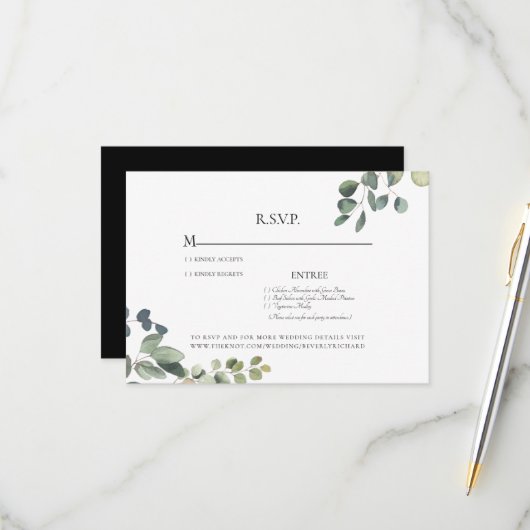 Elegant Grace Eucalyptus Wedding RSVP Kaart (Voorkant / Achterkant in situ)