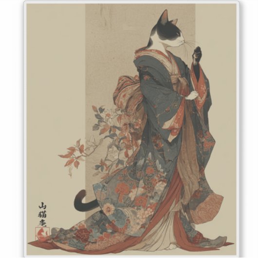 "Elegant Grace" Japanese Cat in Kimono Art Sticker (Voorkant)