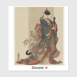 "Elegant Grace" Japanese Cat in Kimono Art Sticker