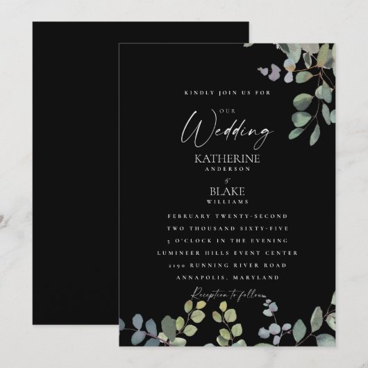 Elegant Grace Wedding All Black Eucalyptus Kaart (Voorkant / Achterkant)