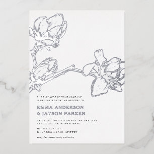 Elegant Graceful Magnolia Wedding White + Silver Folie Uitnodiging