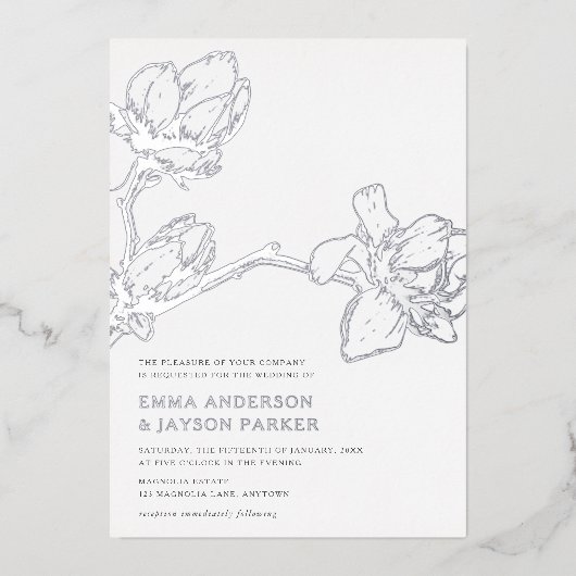 Elegant Graceful Magnolia Wedding White + Silver Folie Uitnodiging (Voorkant)