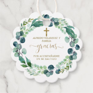 Elegant Gracias Script Greenery Gold Cross Bautizo Bedankjes Labels