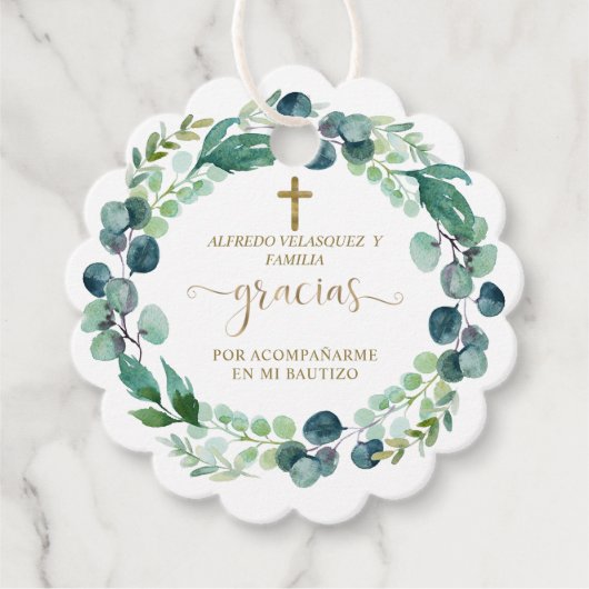Elegant Gracias Script Greenery Gold Cross Bautizo Bedankjes Labels (Voorkant)