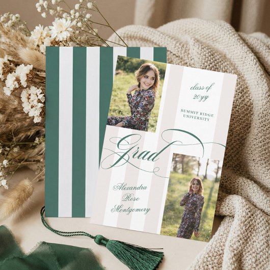 Elegant Grad Script French Stripe Photo Graduation Aankondiging