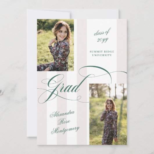 Elegant Grad Script French Stripe Photo Graduation Aankondiging (Voorkant)