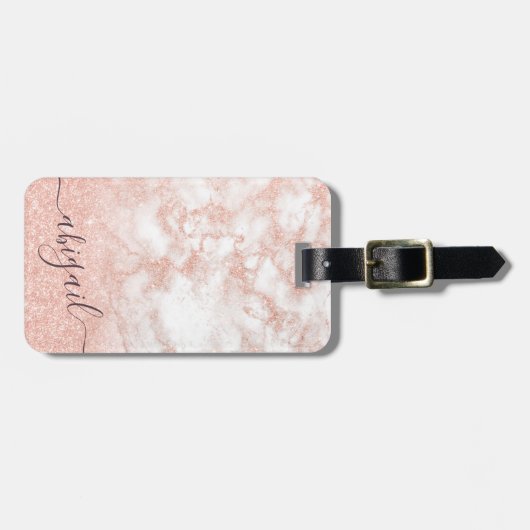 Elegant gradiënt koper roos goud glitter marmer bagagelabel (Voorkant horizontaal)