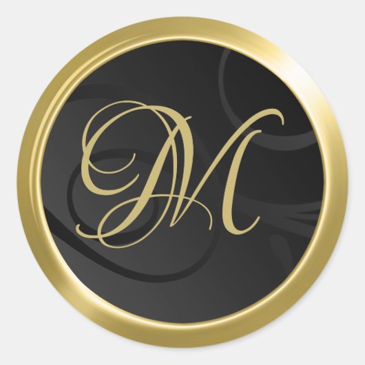 Elegant gradient Swirls Monogram Black Gold Ronde Sticker (Voorkant)