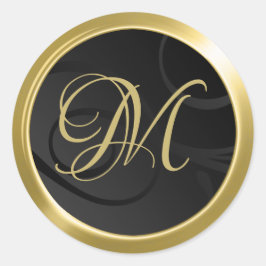 Elegant gradient Swirls Monogram Black Gold Ronde Sticker