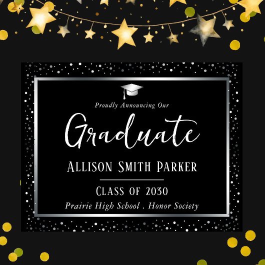 Elegant Graduation Announcement Black and Silver Briefkaart