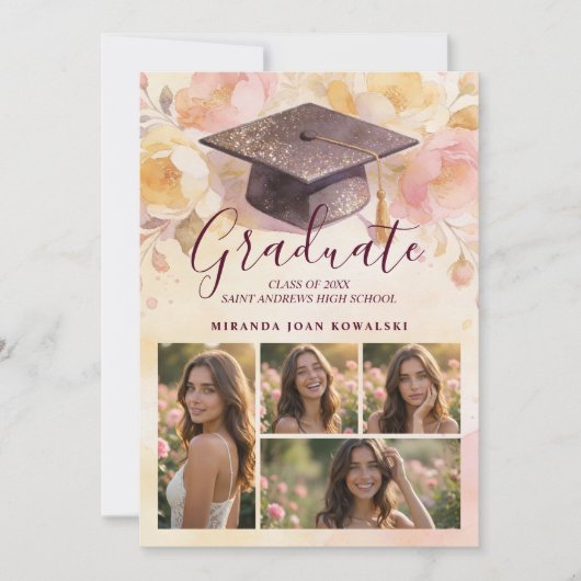 Elegant Graduation Cap 5-Photo Collage Floral Kaart (Voorkant)