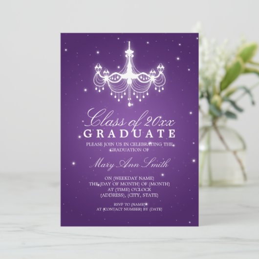 Elegant Graduation Party Classy Chandelier Paars Kaart (Staand voorkant)