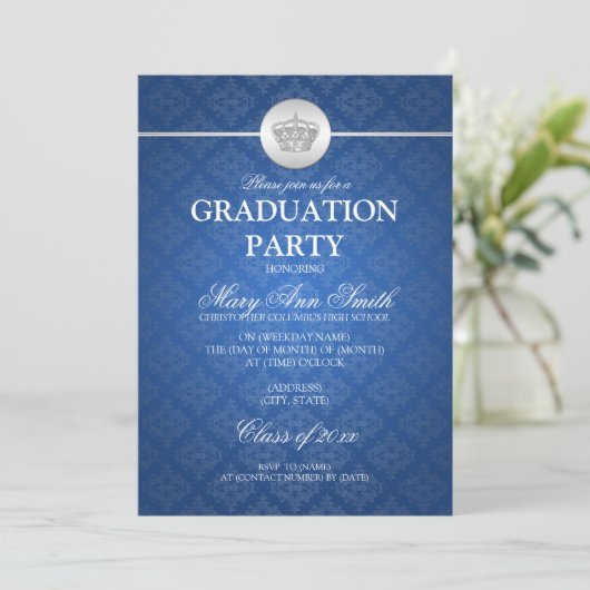 Elegant Graduation Party Classy Crown Blue Kaart (Staand voorkant)