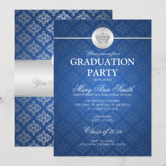 Elegant Graduation Party Classy Crown Blue Kaart (Voorkant / Achterkant)