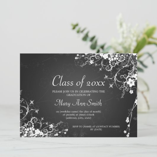 Elegant Graduation Party Dotted Swirls Black Kaart (Staand voorkant)