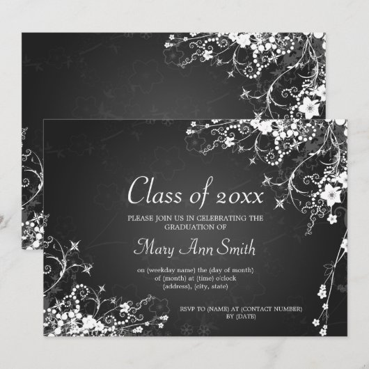 Elegant Graduation Party Dotted Swirls Black Kaart (Voorkant / Achterkant)