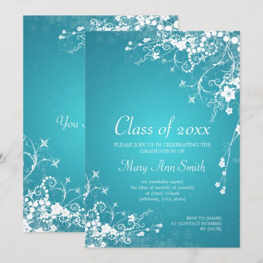 Elegant Graduation Party Dotted Swirls Turquoise Kaart (Voorkant / Achterkant)