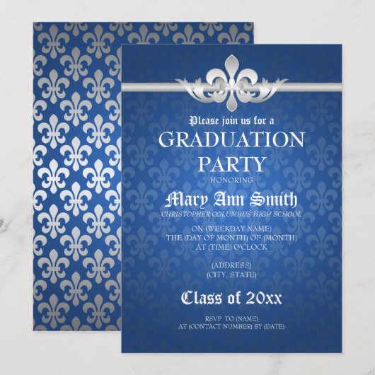 Elegant Graduation Party Fleur De Lis Blue Kaart (Voorkant / Achterkant)