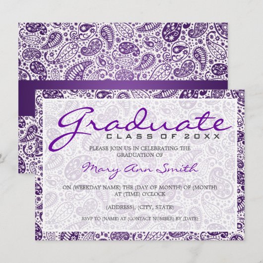 Elegant Graduation Party Paisley Paars Kaart (Voorkant / Achterkant)
