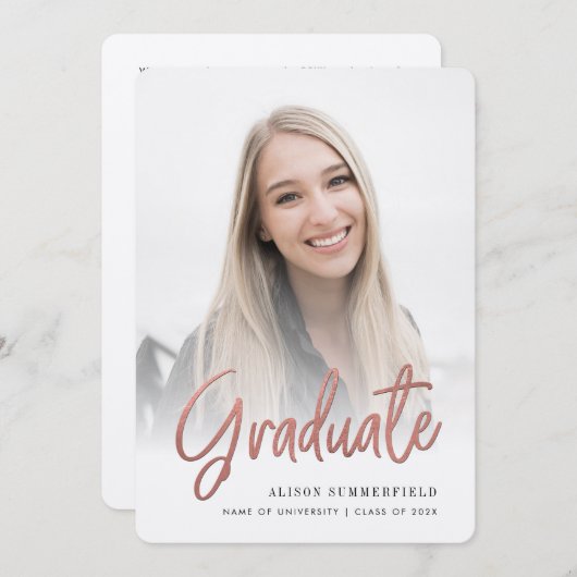 Elegant Graduation Script 2 Photos Announcement Kaart (Voorkant / Achterkant)