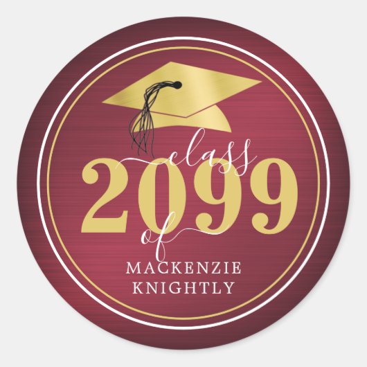 Elegant Gradup Cap Klasse Naam Maroon Gold Ronde Sticker (Voorkant)