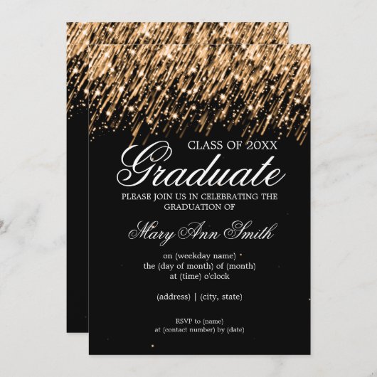 Elegant Graduparty Falling Stars Gold Kaart (Voorkant / Achterkant)