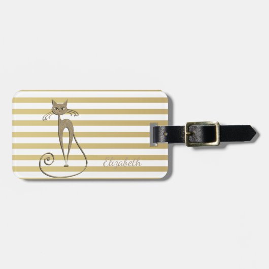 Elegant grafisch faux Gold Glittery Cat on Stripes Bagagelabel (Voorkant horizontaal)