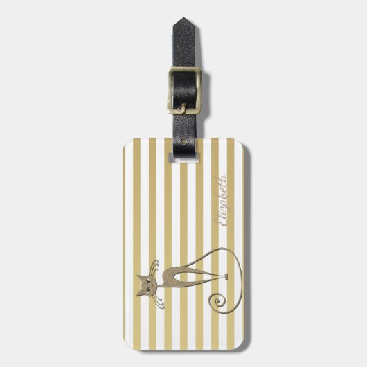Elegant grafisch faux Gold Glittery Cat on Stripes Bagagelabel (Voorkant verticaal)