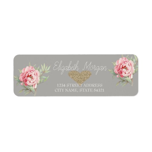 Elegant grafische Rozen, Glitter Heart Address Lab Etiket (Voorkant)