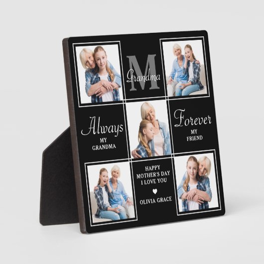 Elegant GRANDMA 5 Photo Collage Monogram Poseem Fotoplaat (Voorkant)