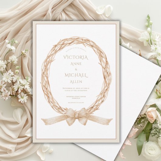 Elegant Grapevine Wreath Burlap Bow Wedding Kaart