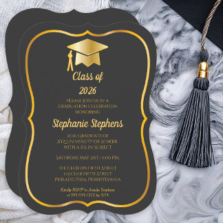 Elegant Graphite | Gold Cap Graduation Party Kaart