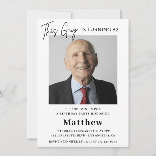 Elegant Grappig Mannen Foto 92e verjaardag Kaart (Voorkant)