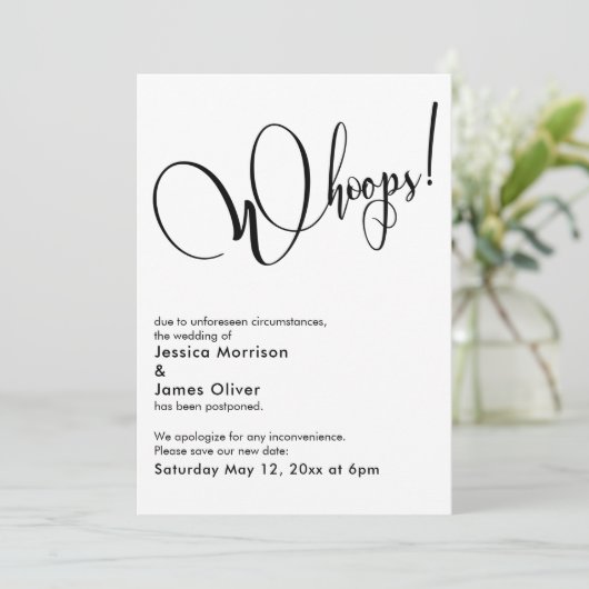Elegant Grappig "Whoops!" Uitgestelde bruiloft Kaa Kaart (Staand voorkant)