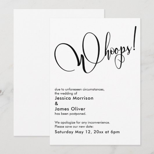 Elegant Grappig "Whoops!" Uitgestelde bruiloft Kaa Kaart (Voorkant / Achterkant)