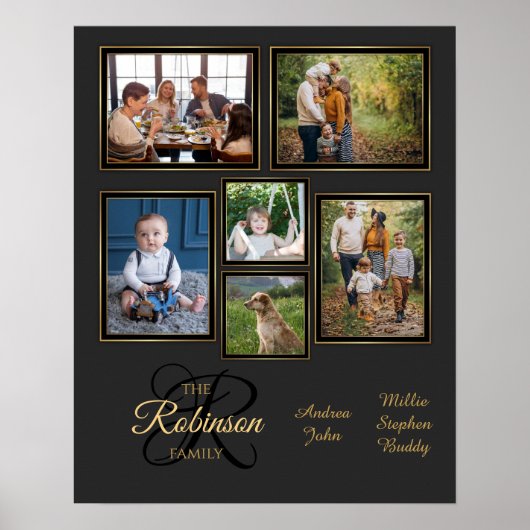 Elegant Gray Black Gold Photo Collage Familienaam Poster (Voorkant)