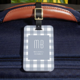 Elegant Gray Blue Gingham Monogram Bagagelabel