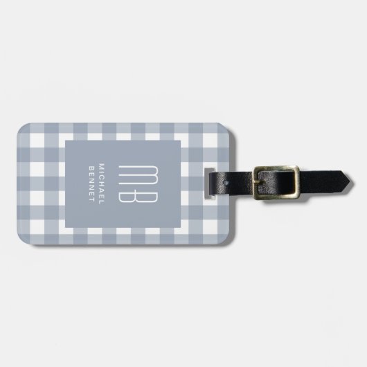 Elegant Gray Blue Gingham Monogram Bagagelabel (Voorkant horizontaal)