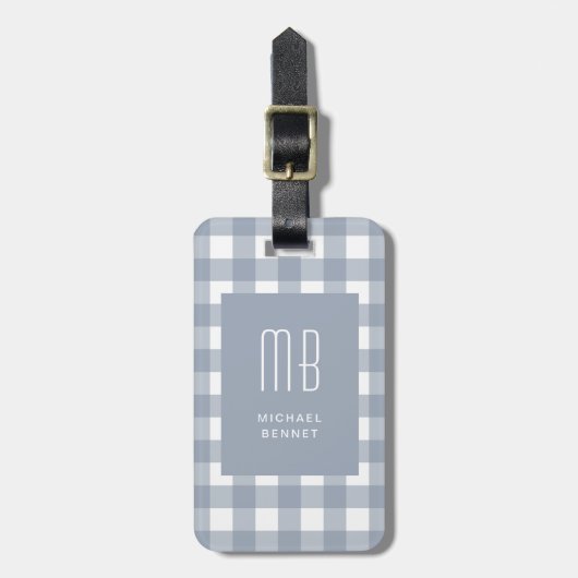 Elegant Gray Blue Gingham Monogram Bagagelabel (Voorkant verticaal)